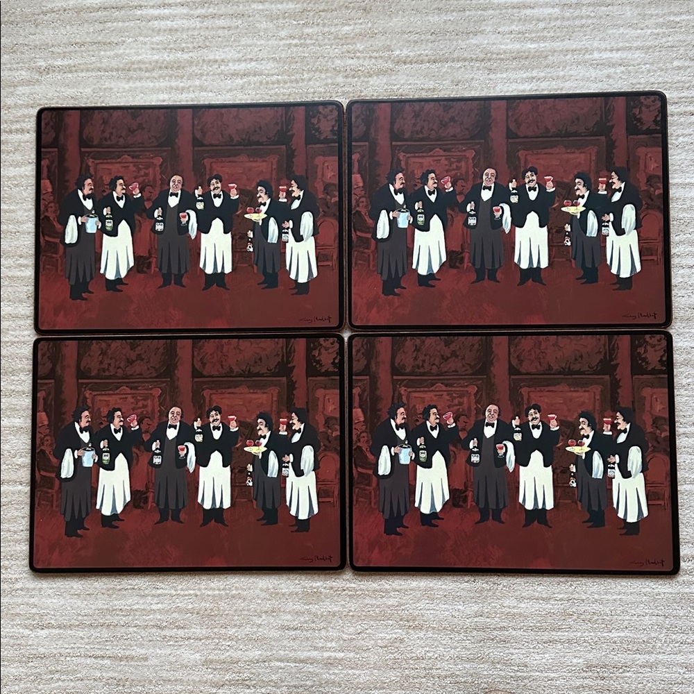 EUC Set of 4 Corkboard Placemats Charge of The Bottle Brigade GUY BUFFET Waiters
